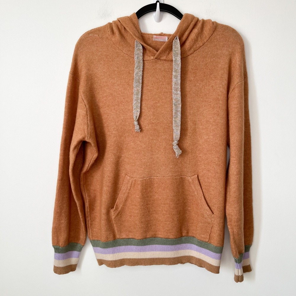 Free People Movement Wool Blend Striped Knit Hoodie Womens Small Camel Brown